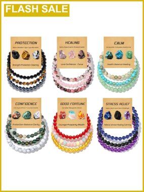 Natural Stone Beaded Bracelets Set of 18 Stretch